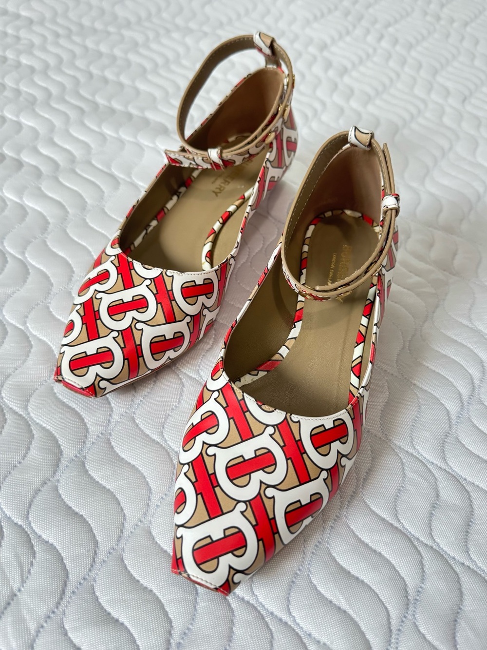 Burberry Wiltkin TB Monogram Peep Toe Ankle Strap Pumps EU 36.5